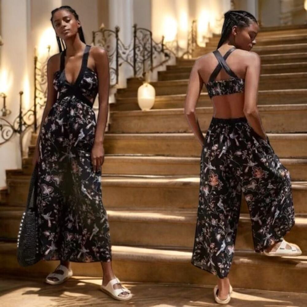 NWT - Anthropologie The Brinley V-Neck Floral Black Jumpsuit Size: M